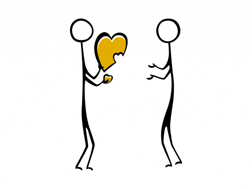 Een getekende figuur deelt een hart met een ander figuur